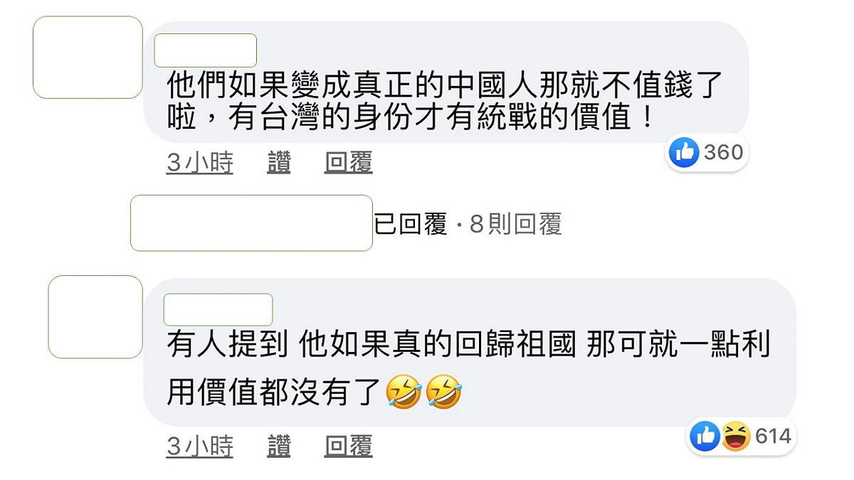 網友立刻點破，正因為她是台灣藝人，所以才有統戰的價值。 圖：翻攝臉書粉絲專頁