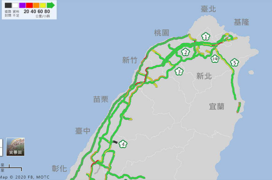 中秋連假首日清晨，國道南下就有多處壅塞，不過已較端午連假紓緩許多。 圖：截自高公局即時路況網