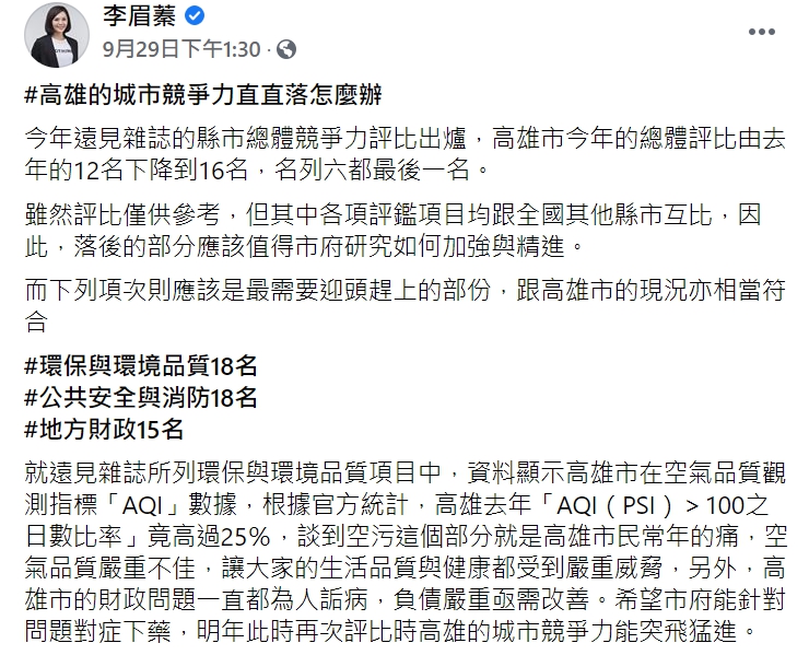 李眉蓁在臉書批「2020縣市競爭力 高雄直直落」 圖 : 翻攝自李眉蓁臉書