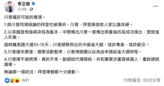 李正皓列四點推演川普確診後動向。 圖：翻攝自李正皓臉書