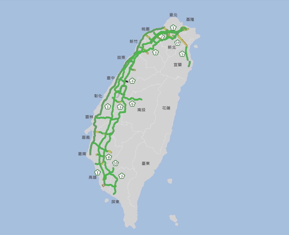 中秋連假收假日截至上午9時國道交通大致順暢。 圖/高速公路1968網站
