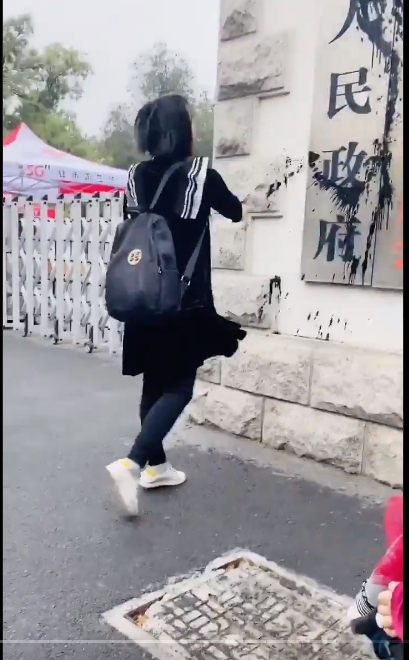 中國維權人士何方美稱其女兒過去打了該公司研發的疫苗而差點癱瘓，還因伸張自身權益遭政府關押，有孕在身的她於 (3) 日在河南輝縣市政府潑墨，將遭拘留。 圖：翻攝何方美推特