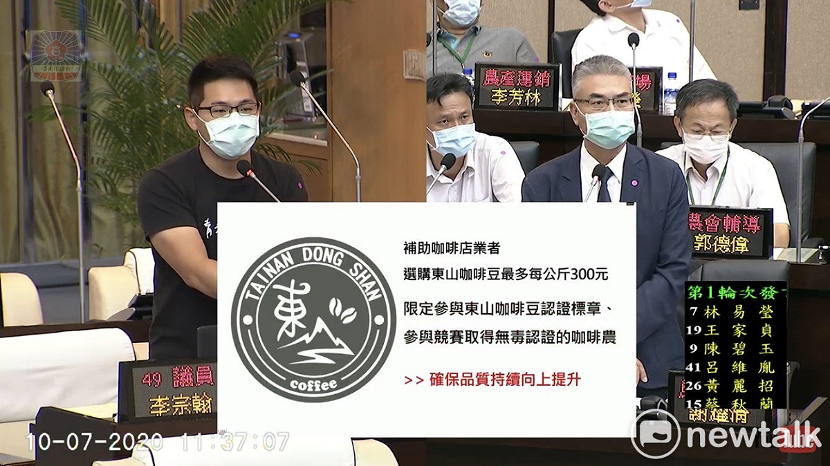 李宗翰質詢時關心東山咖啡行銷問題，農業局允補助咖啡館採購每公斤300元。 圖：台南市議會提供