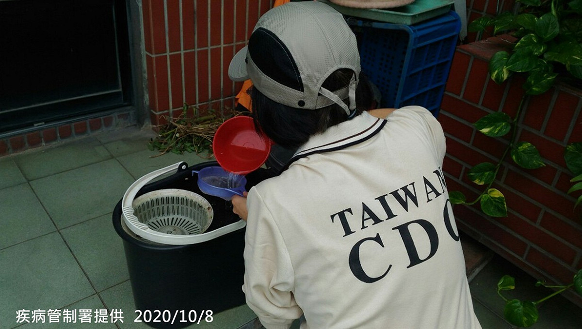 疾管署防疫人員於新北市樹林區樹西里本土登革熱個案住家周邊進行孳生源查核。 圖：疾病管制署/提供