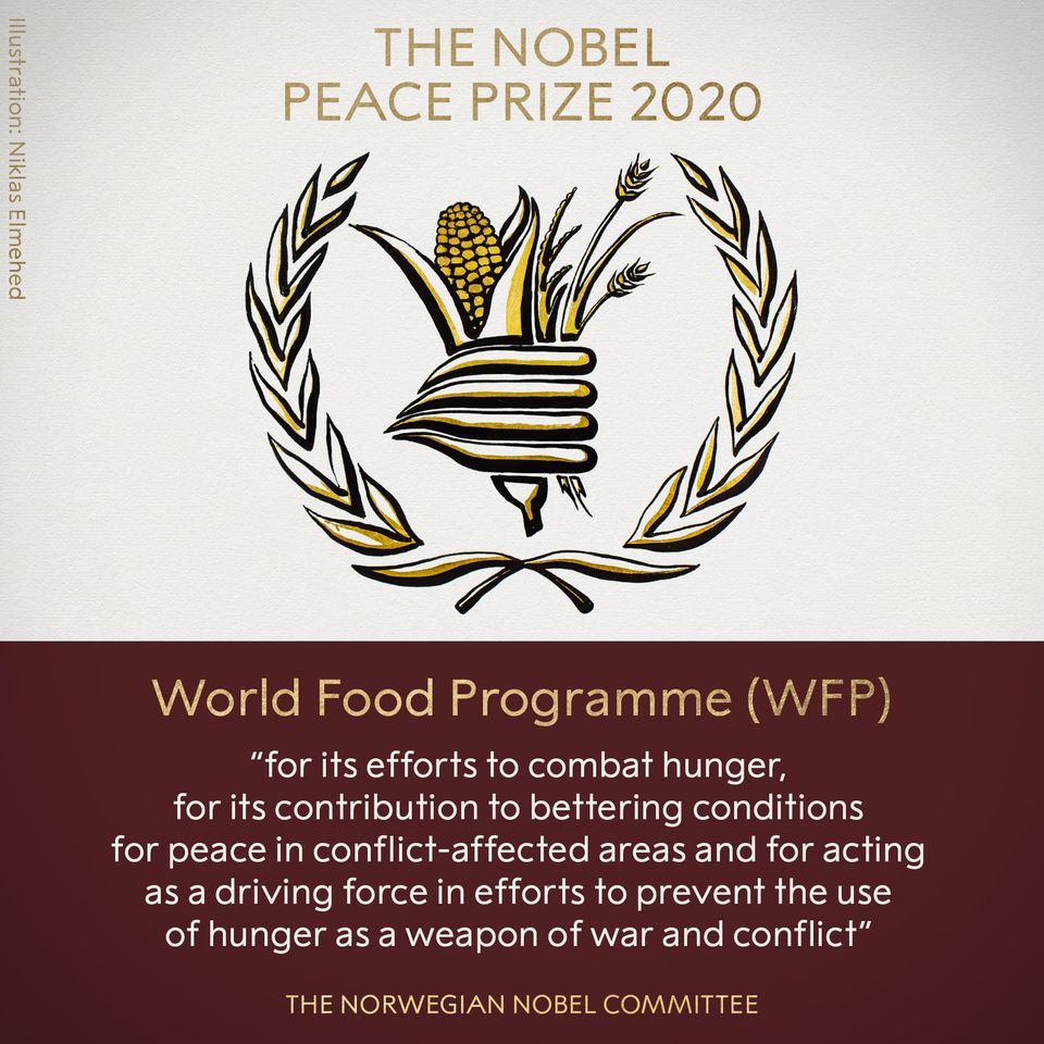 諾貝爾9日公布授予世界糧食計劃署(WFP) 2020年諾貝爾和平獎 圖：Nobel Price粉絲專頁
