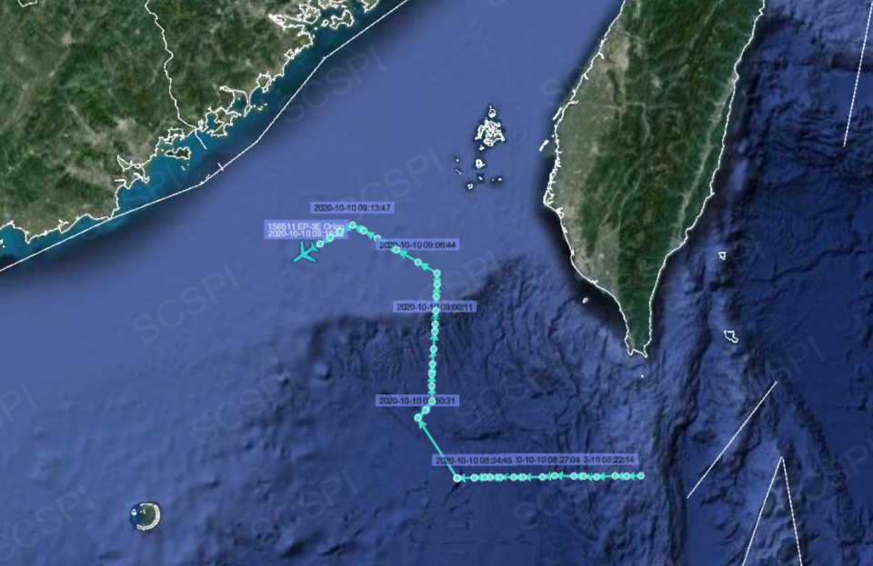 上午8點20分左右一架美國海軍EP-3E電子偵察機通過巴士海峽進入南海，9點左右在臺灣西南空域飛行一段距離後，轉向飛往廣東海岸附近。 圖 : 翻攝自南海戰略態勢感知計畫平臺