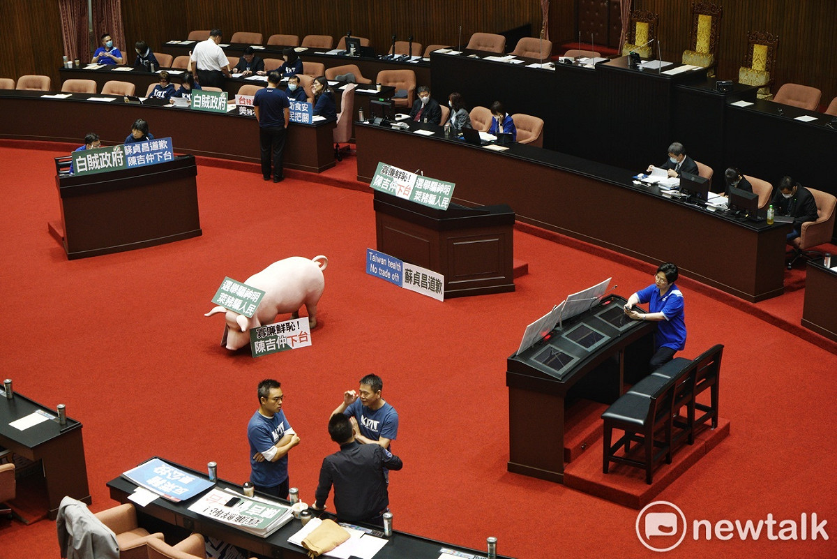 國民黨立委為抗議開放含萊克多巴胺美豬進口，今再度霸佔官員席和備詢台，造成議事停擺。 圖：張良一/攝