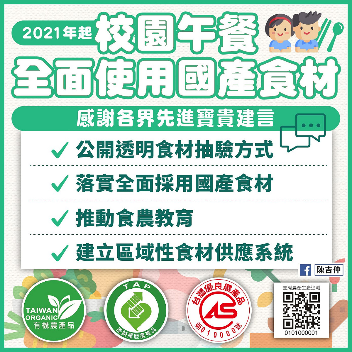 陳吉仲今於臉書上說明，針對2021年全國校園午餐全面啟用國產食材，在執行面上已與專家們達成四項協議。 圖：取自陳吉仲臉書