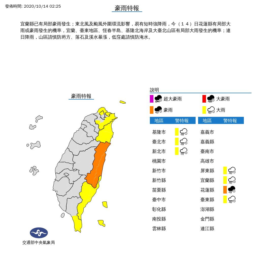 氣象局對基隆市、台北市、新北市、屏東縣、宜蘭縣、台東縣發布大雨特報，花蓮縣發布豪雨特報，請民眾注意。 圖：中央氣象局/提供