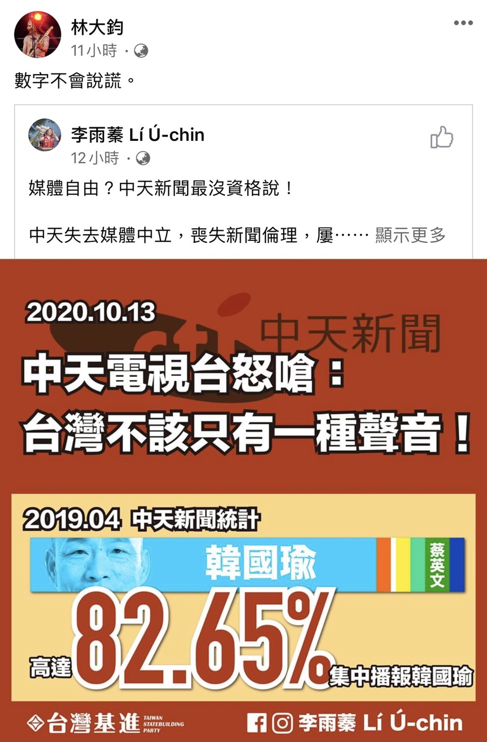 中天新聞回應後，林大鈞再度轉發前高市議員候選人李雨蓁的粉專發文和哏圖。 圖：翻攝臉書