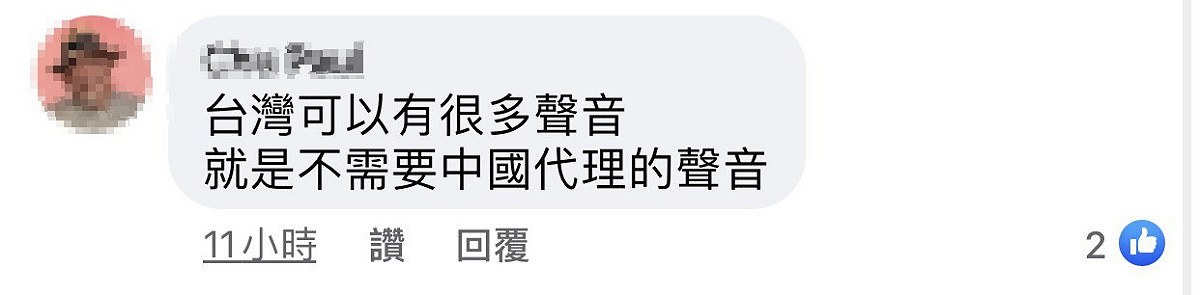 網友在林大鈞的發文底下留言支持「台灣可以有很多聲音，就是不需要中國代理的聲音」。 圖：翻攝臉書
