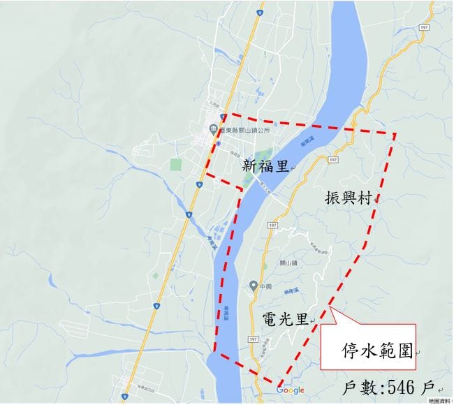 台東縣關山鎮3區域10月15、16日，每日早上9時至下午16時將實施停水。 圖：經濟部水利署／提供