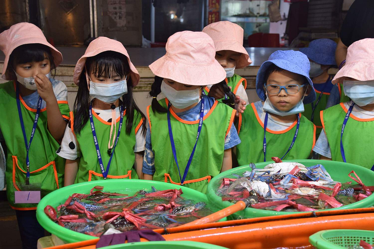 嘉義縣布袋鎮布新國小附設幼兒園的小朋友，今天到布袋區觀光魚市參觀。 圖：嘉義記者公會/提供