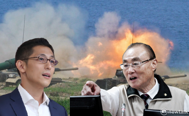 吳怡農主張「全民皆兵」，馮世寬第一時間卻回應「那個渣男啦，不要聽他的」。 圖：林朝億、張良一／攝（合成圖）