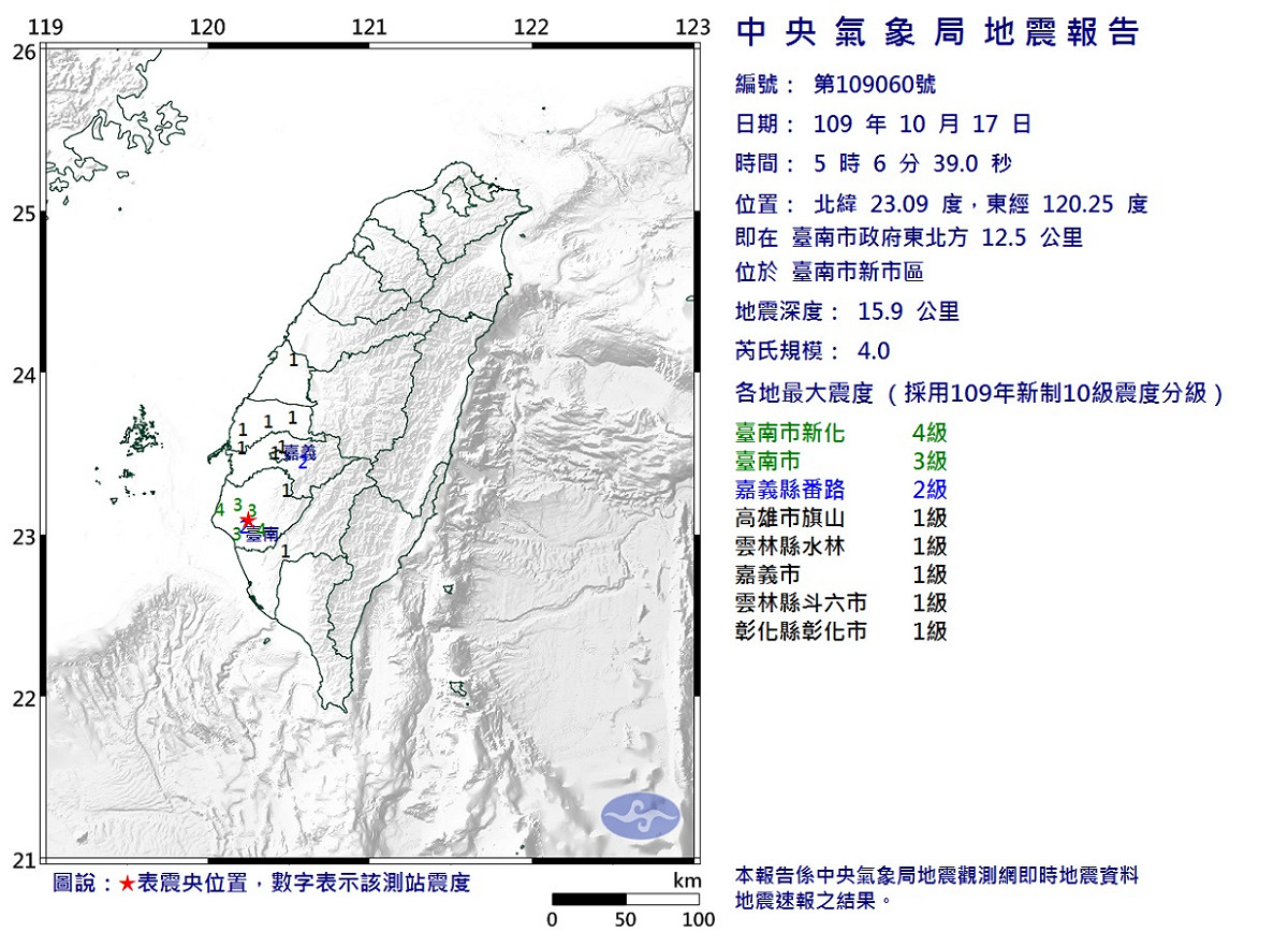 台南發生4.0地震，最大震度臺南市4級。 圖/氣象局