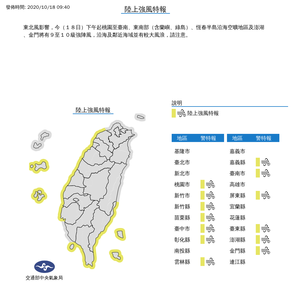 受東北風影響，今（18）日下午開始西部沿岸會有強風發生機率。 圖：翻攝自中央氣象局