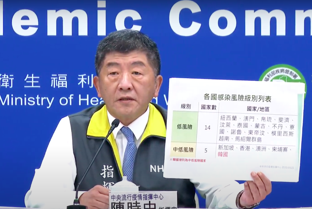 中央流行疫情指揮中心指揮官陳時中宣布韓國列入中低感染風險國家。 圖：擷取自指揮中心直播畫面