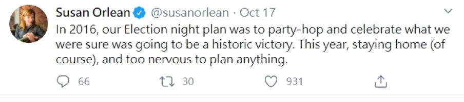 民主黨支持者作家奧爾良 (Susan Orlean)表示2016年的希拉蕊敗選對他們造成陰影。 圖 : 取自推特。
