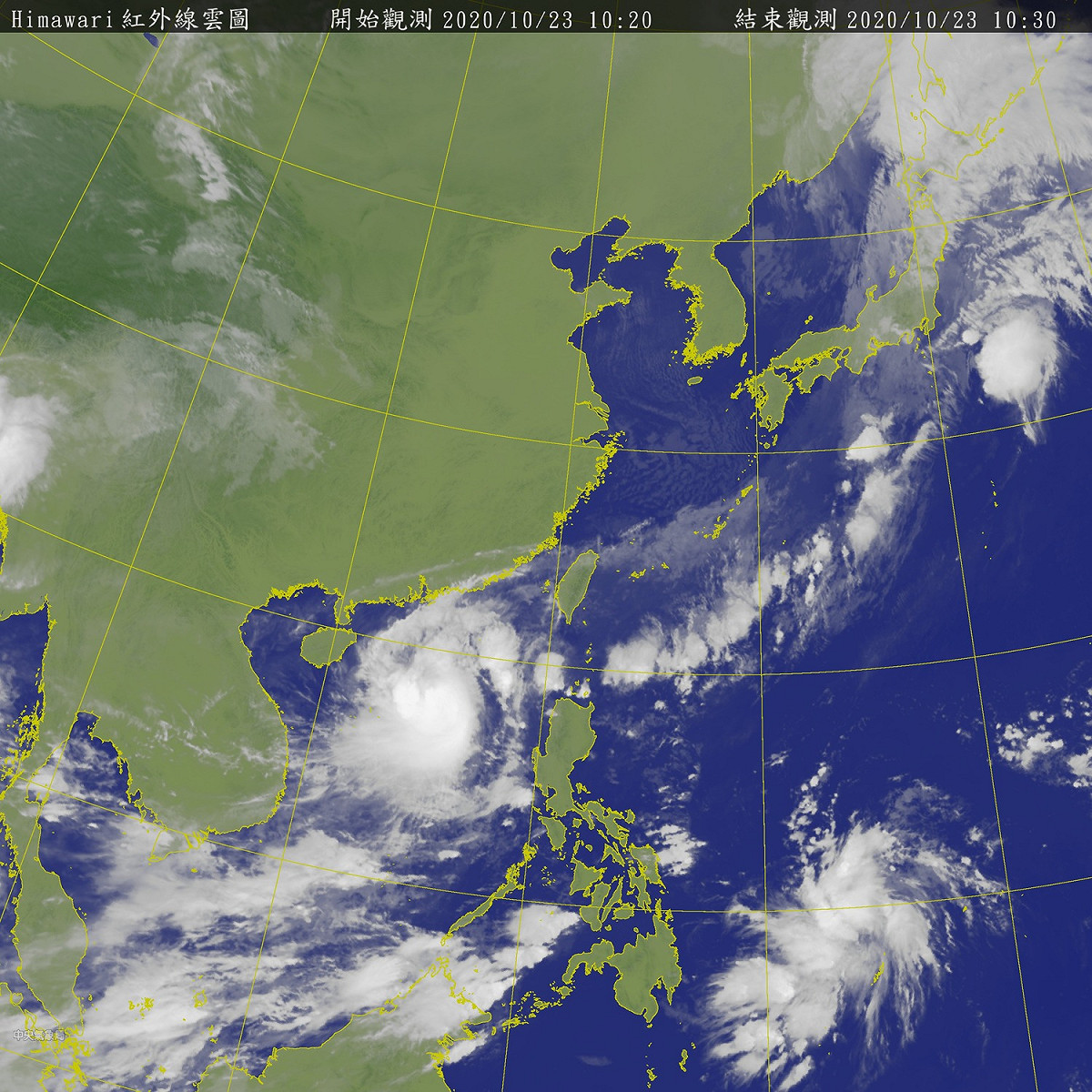 從衛星雲圖上可見，東北方有一股雲系南下。中颱沙德爾在台灣的西南方，持續向西進行。 圖：中央氣象局/提供
