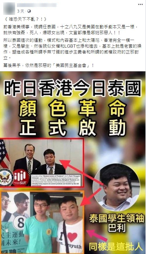 網路瘋傳美國在背後煽動泰國學運，經查核後證實為假訊息。 圖：翻攝自台灣事實查核中心