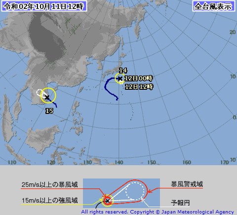 今年第14號颱風昌鴻原本被預測10日會沿著日本本州島影響到東京等大城市，但路徑幾經轉向後，幾乎快成一個倒U字型。 圖：取自日本氣象廳網頁jma.go.jp