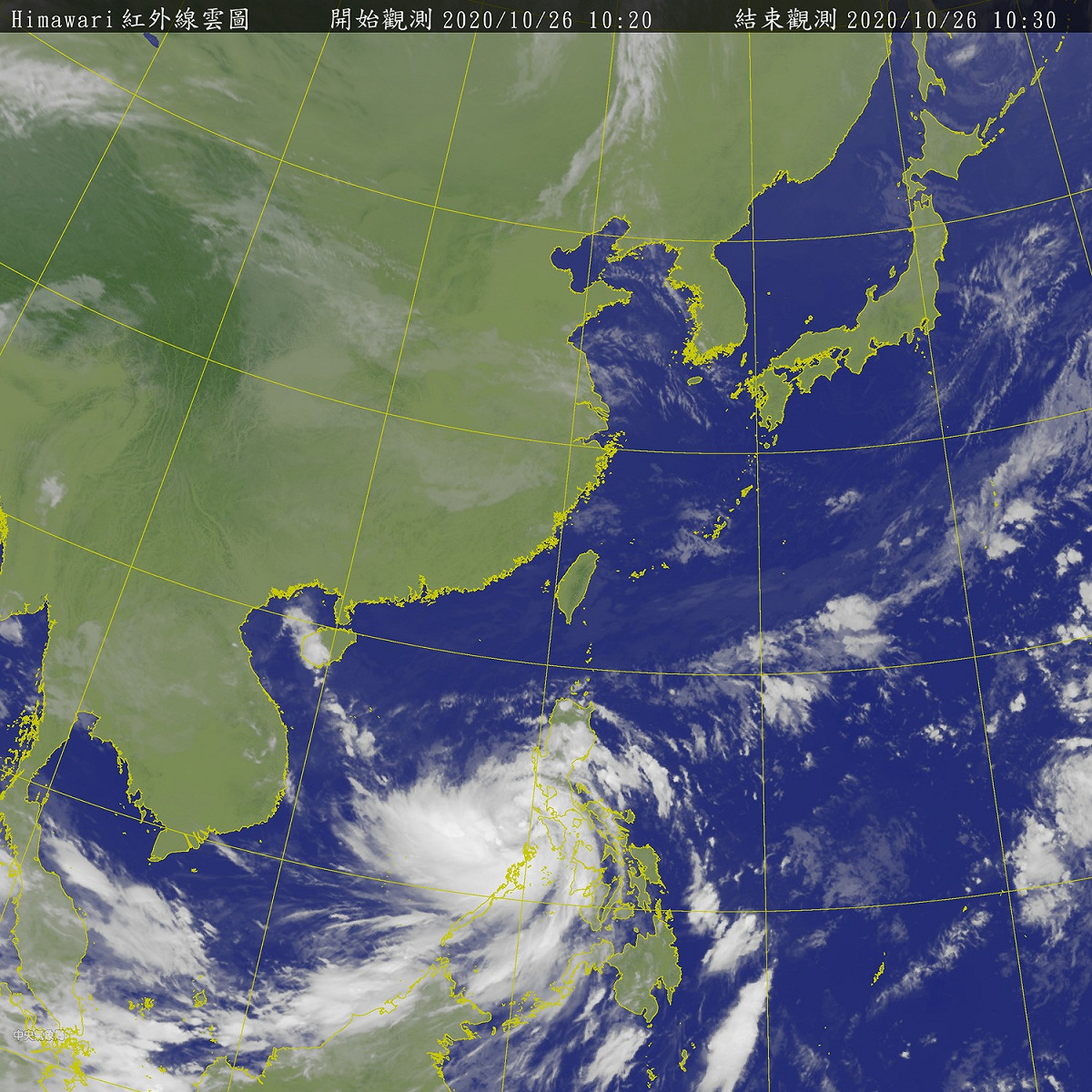 從衛星雲圖上所見，為在台灣屏東鵝鑾鼻1000公里處，今天地18號颱風莫拉菲已經增強為中度颱風，它的雲系結構扎實。 圖：中央氣象局/提供