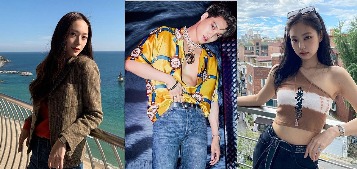 EXO成員Kai（中）先後和同公司師姐f(x)的Krystal（左），以及Blackpink的Jennie（右）談戀愛。 圖：翻攝自員Kai、Krystal、Jennie IG