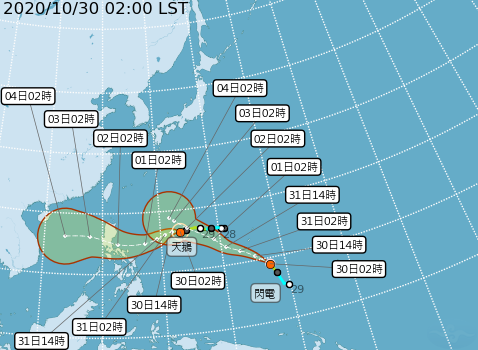 中央氣象局預測目前在南海2個颱風的消息，「天鵝」有機會增強，而「閃電」快速生成，形成雙颱共舞情景。 圖：中央氣象局/提供