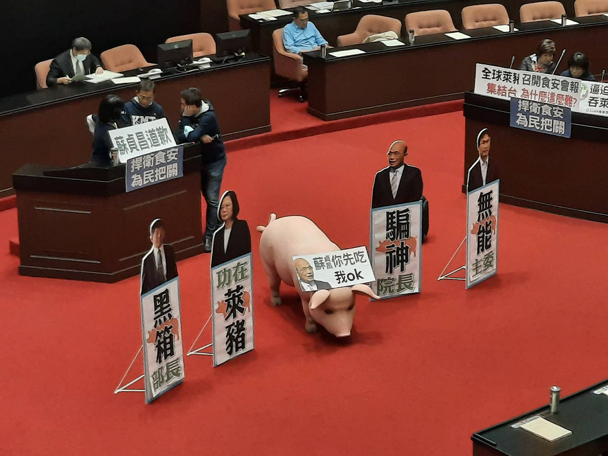 藍委於議場擺著立牌及豬道具抗議。 圖:陳佩君/攝