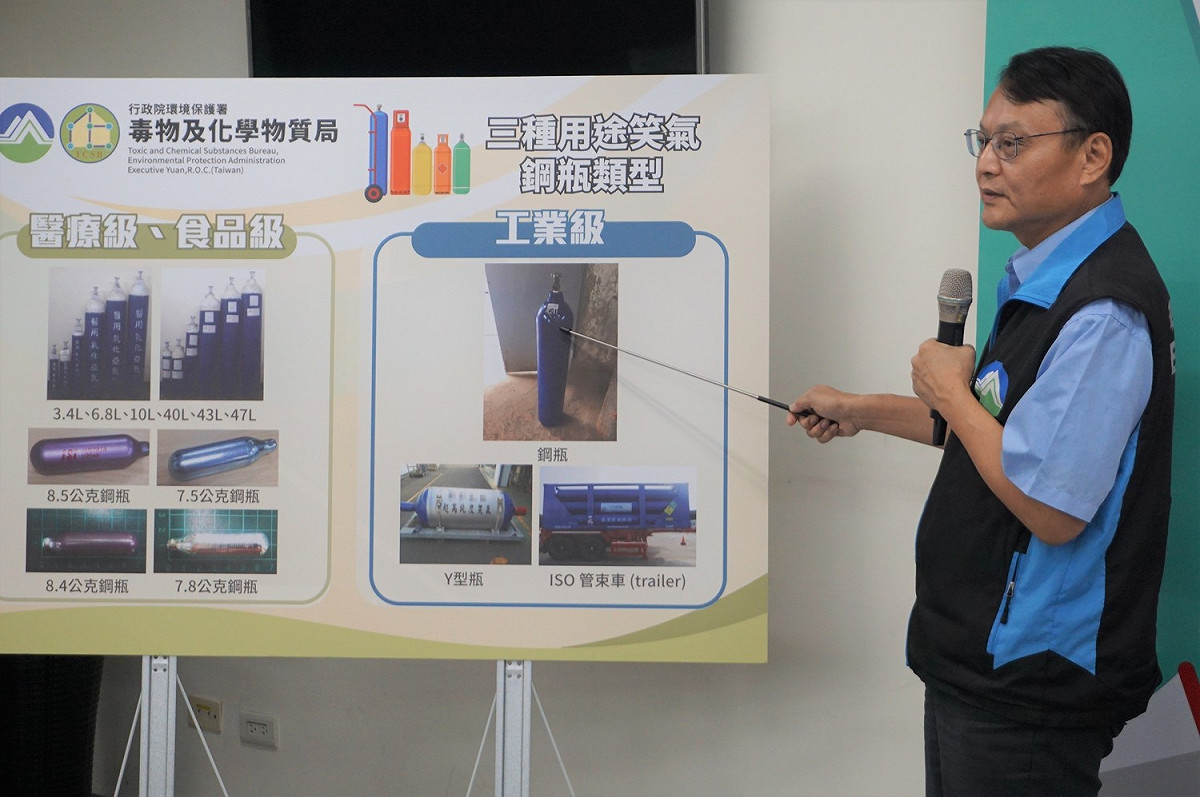 保署毒物及化學物質局局長謝燕儒說明工業用笑氣標示。 圖：行政院環保署提供