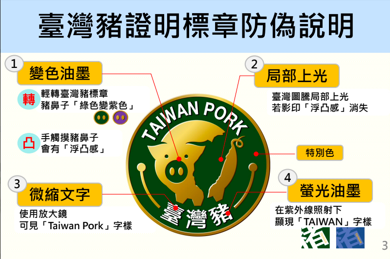 台灣豬證明標章防偽說明。 圖：農委會／提供