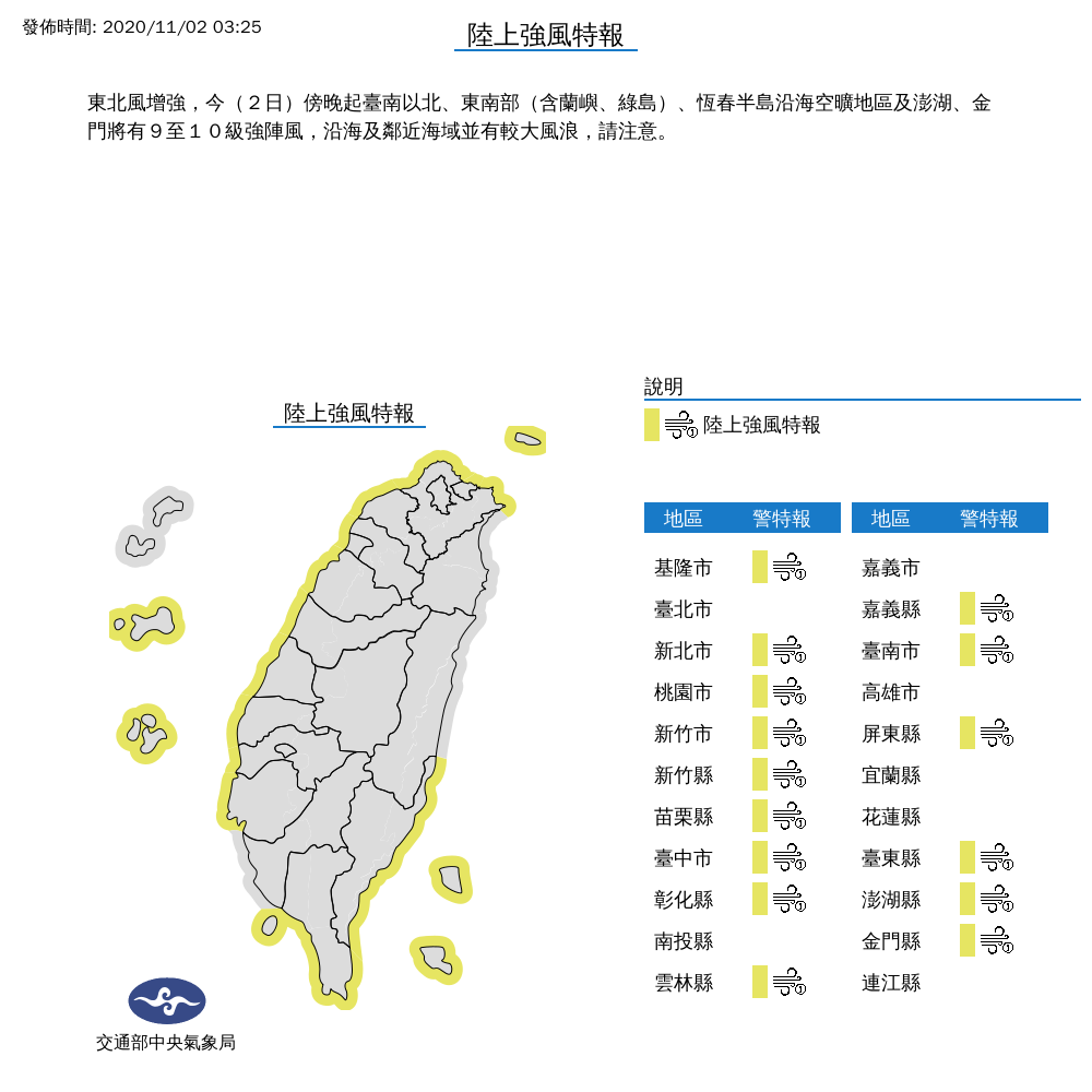 今天東北風增強，氣象局今天凌晨針對15縣市發佈陸上強風特報。 圖：中央氣象局/提供
