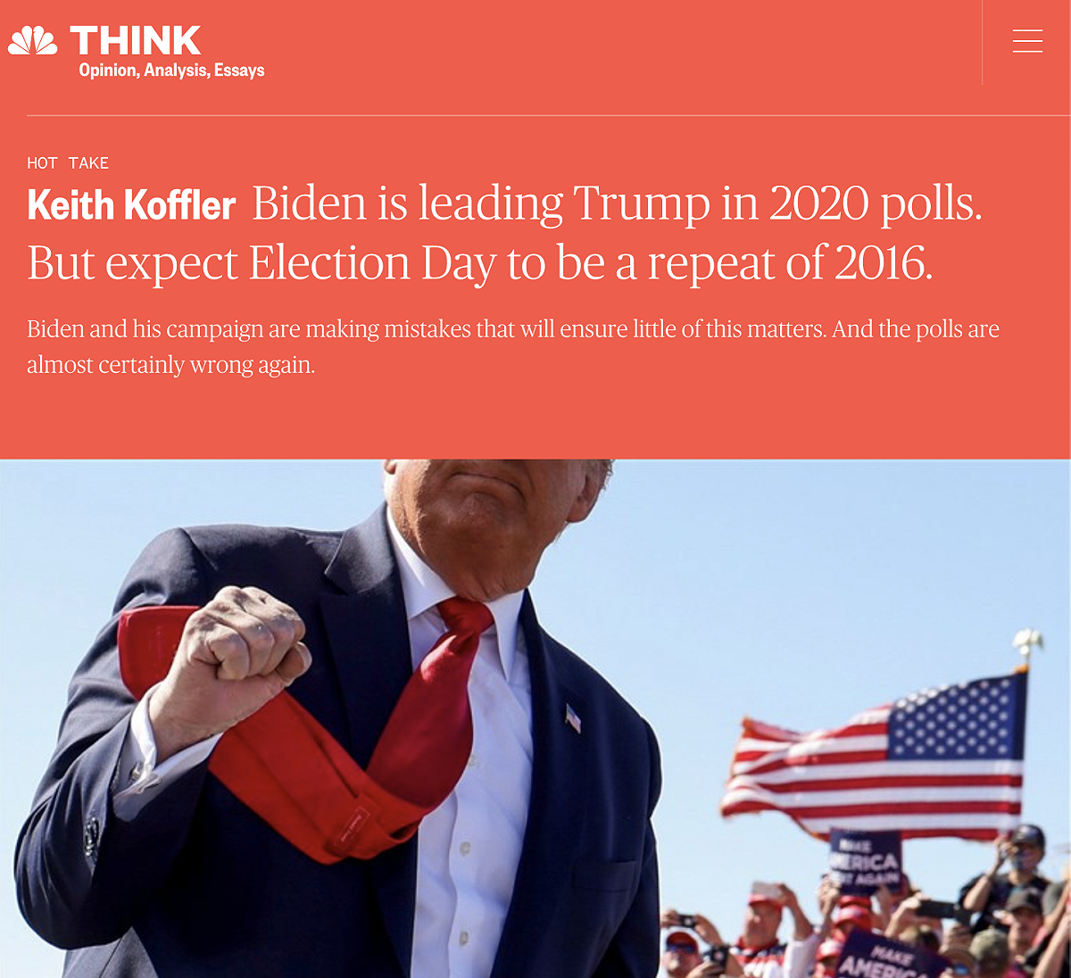 《華盛頓觀察家報》資深編輯科夫勒（Keith Koffler）在《NBC》發表社論認為川普將勝選。 圖：翻攝《NBC》新聞網