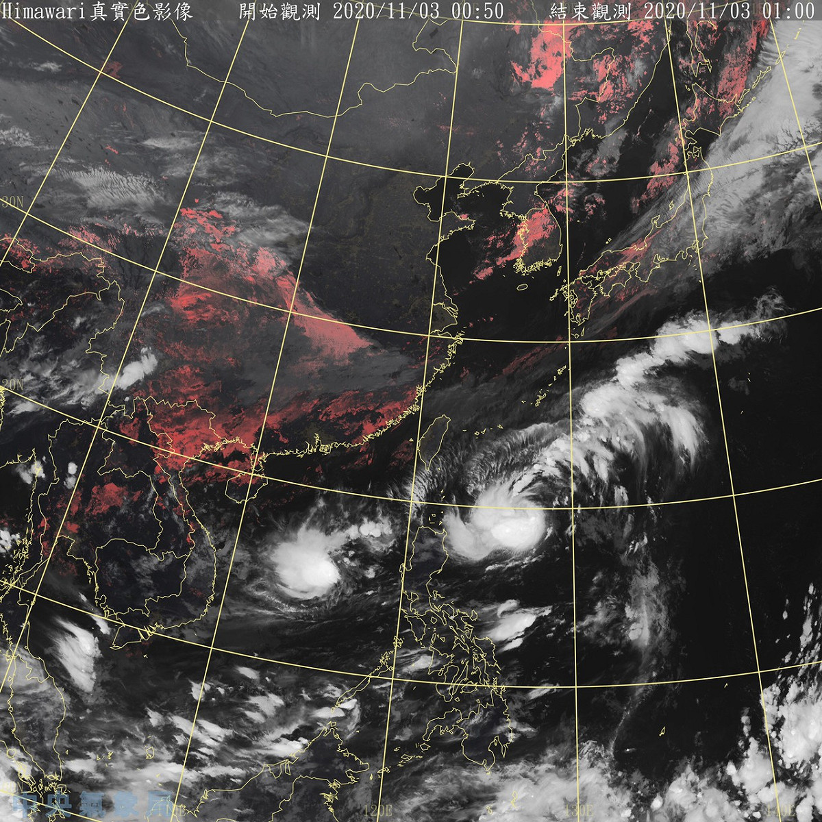 從衛星雲圖上來看，位在台灣東南方的輕颱「閃電」，目前因為氣流不明顯，在原地打轉中。 圖：中央氣象局/提供