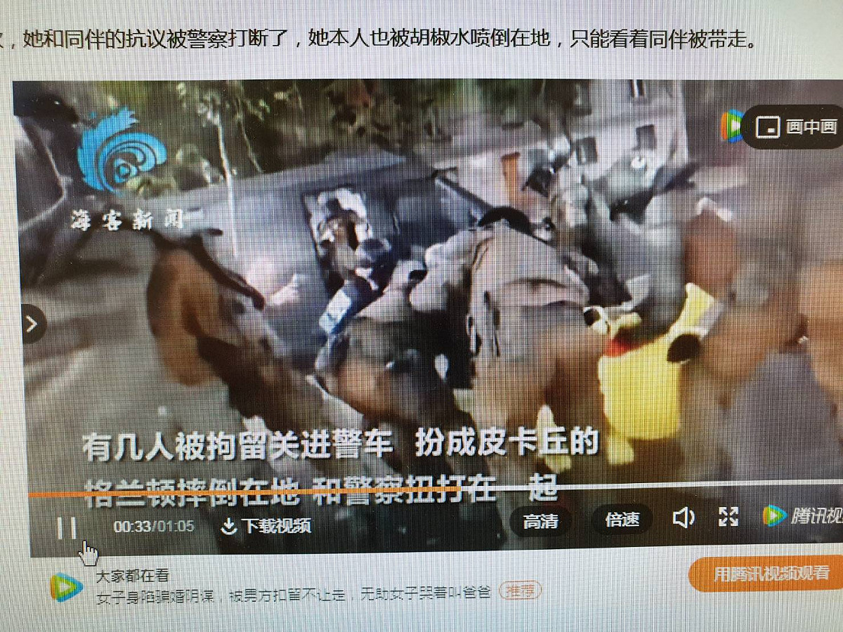 穿皮卡丘裝的抗議者，被警察當場壓制在地。 圖 : 影片截圖