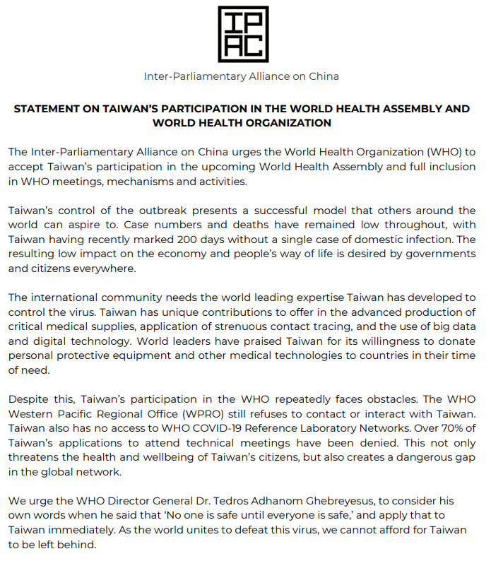 IPAC 2日晚間於推特上發表聯合聲明，呼籲世界衛生組織（WHO）應接受台灣參與世界衛生大會（WHA）及未來舉辦的任何相關活動。 圖：IPAC官方推特