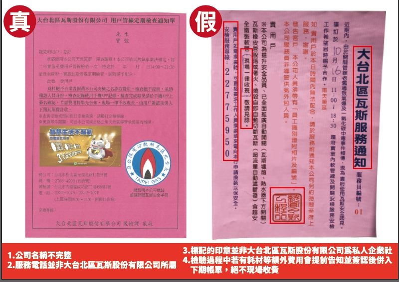 真、假瓦斯安檢通知單。 圖：台北市產業發展局提供