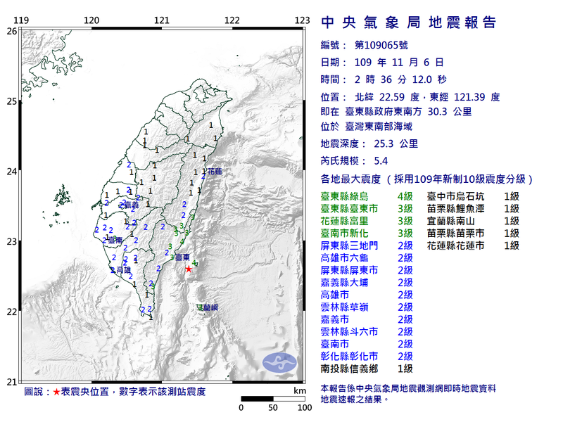 台灣東南部海域6日凌晨2點36分發生5.4強震，幾乎全台有感。 圖：翻攝中央氣象局