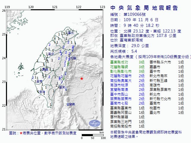 台灣東南部海域6日上午9點40分發生規模5.4地震。 圖：中央氣象局／提供