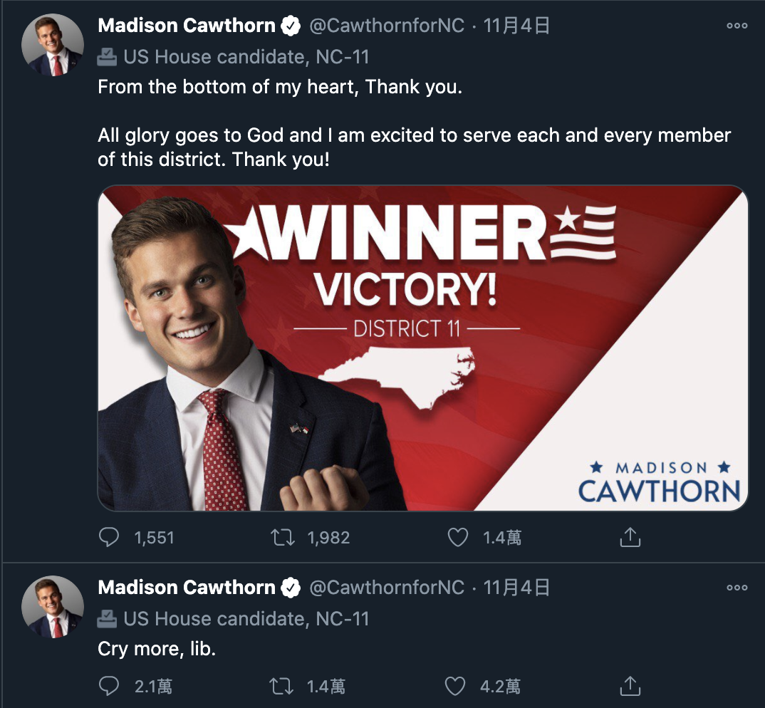 共和黨的麥迪遜·考托恩（Madison Cawthorn）知勝選後在推特上貼文嘲諷，「哭啊，自由派」（Cry more, lib.） 圖：翻攝麥迪遜·考托恩（Madison Cawthorn）推特