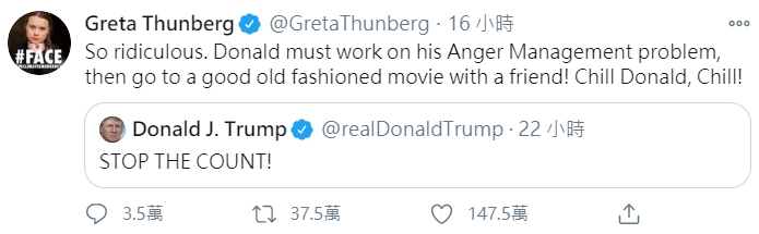 瑞典環保少女童貝里（Greta Thunberg）反酸川普冷靜。 圖 : 翻攝自Greta Thunberg推特