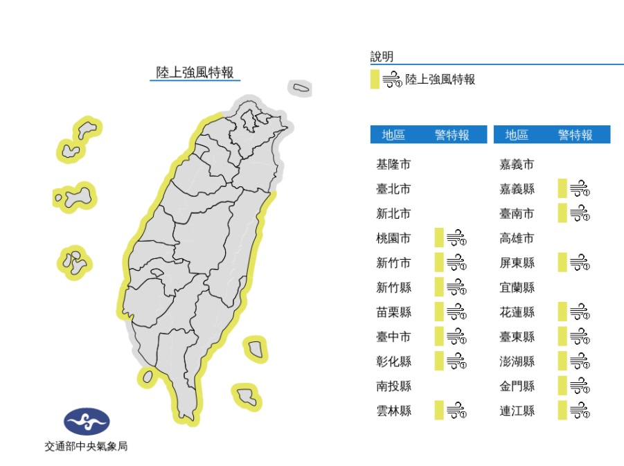 15縣市陸上強風特報 圖/氣象局