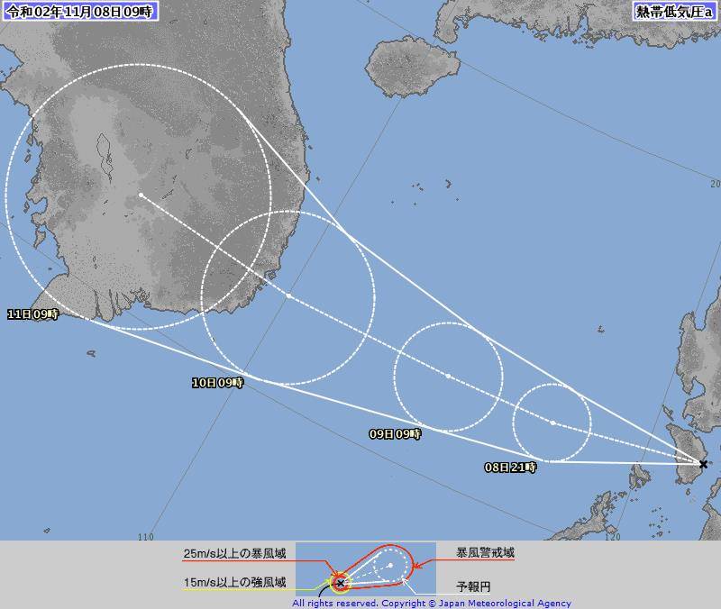 日本氣象廳預估該熱帶低壓有機會於明後2天發展出第21號颱風「艾陶」 圖：翻攝自日本氣象廳