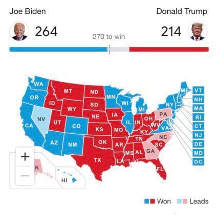 該名國外粉絲所截的美國各州選情分布圖。 翻攝自Twitter