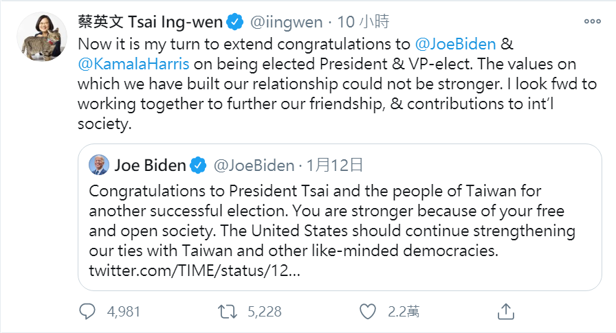 今（8日）上午，蔡英文總統便透過推特（Twitter）發佈貼文，巧妙祝賀拜登當選美國總統。 圖：翻攝自蔡英文Twitter貼文