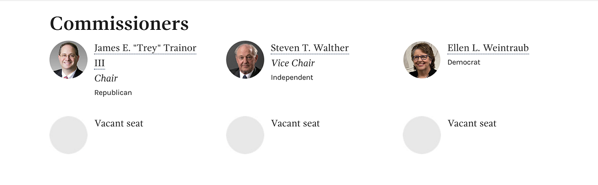 美國的聯邦選舉委員會（Federal Election Commission）主席為共和黨籍的川諾爾（James “Trey” Trainor），副主席為無黨籍的瓦爾特（Steven T. Walther），專員為民主黨籍的艾倫．溫特勞布（Ellen L. Weintraub）。 圖：翻攝自fec.gov
