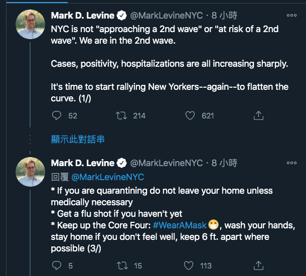 美國紐約衛生委員會主席萊文（Mark D. Levine）在推特提醒紐約市民雖然還未出現疫情第二波流行，但已處於中間階段，建議市民遵守防疫4大原則，戴口罩、勤洗手、身體不適就留在家裡休息、保持距離。 圖：翻攝美國紐約衛生委員會主席萊文（Mark D. Levine）推特