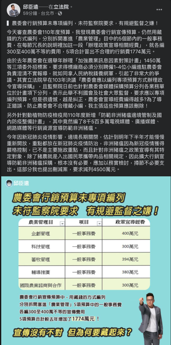 民眾黨不分區立委邱臣遠痛批農委會仍用「藏錢」的方式編列預算。 圖 : 翻攝自邱臣遠臉書