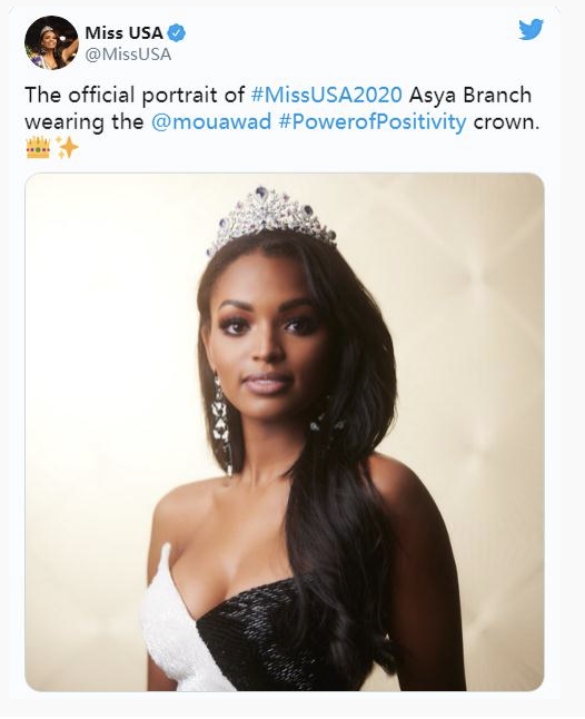 阿斯亞•布蘭奇(Asya Branch)摘得2020美國小姐桂冠。 圖：Miss USA Twitter