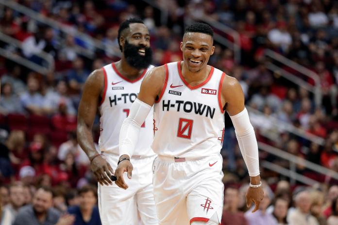火箭「哈威連線」James Harden(左)、Russell Westbrook。 圖／美聯社／達志影像